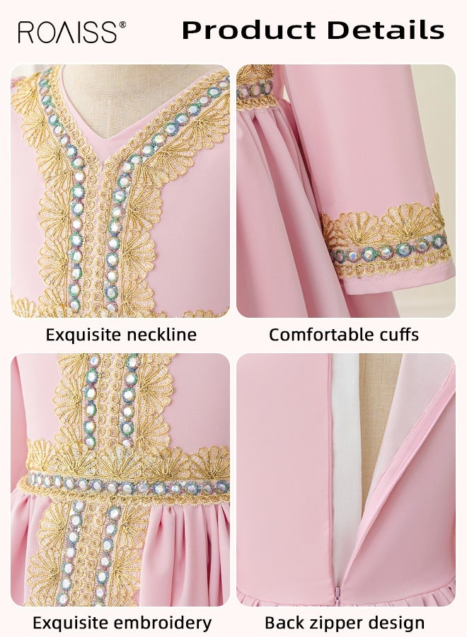 رويس عباءة رمضان للبنات، فستان بأكمام طويلة ورقبة على شكل V، فستان ماكسي رائع مع بطانة، فستان أميرة فاخر بسحاب خلفي، فستان حفلات راقص رائع للبنات، مناسب للمناسبات الرسمية وغير الرسمية - Image 4