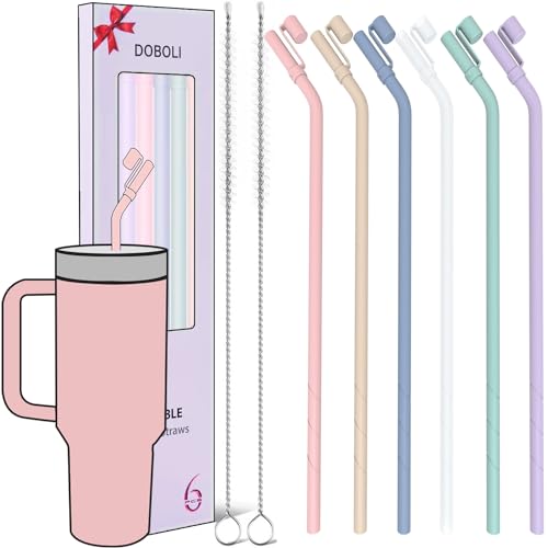 Doboli Replacement 13 inch Long Silicone Straw With Straw Cover,Compatible with Stanley Owala 40 oz 30 oz Cup Tumbler, 6 Pack Reusable Bent Straw with Cleaning Brush,for Stanley Tumbler Accessorie - Image 1