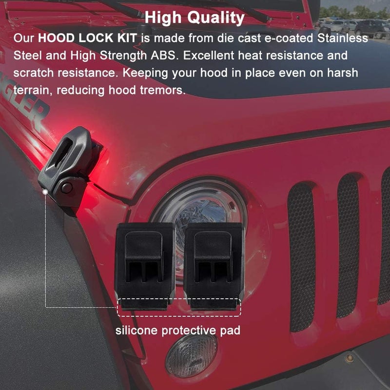 GOHAWKTEQ Jeep Wrangler JK JL Hood Latch 2007-2018 Black Stainless Steel Catch Kit - Image 2
