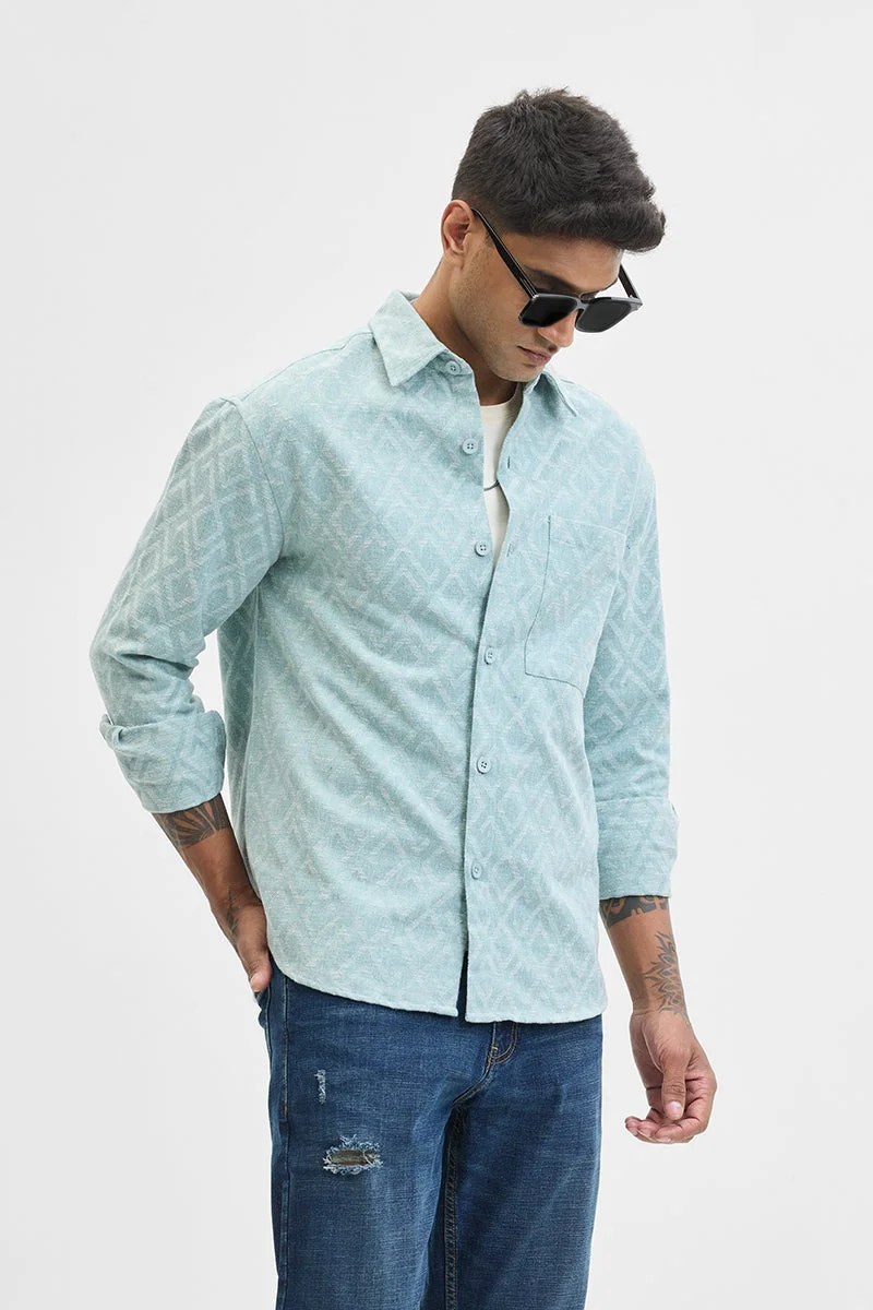 سنيتش Light Blue Geometric Long Sleeve Regular Fit Shirt
