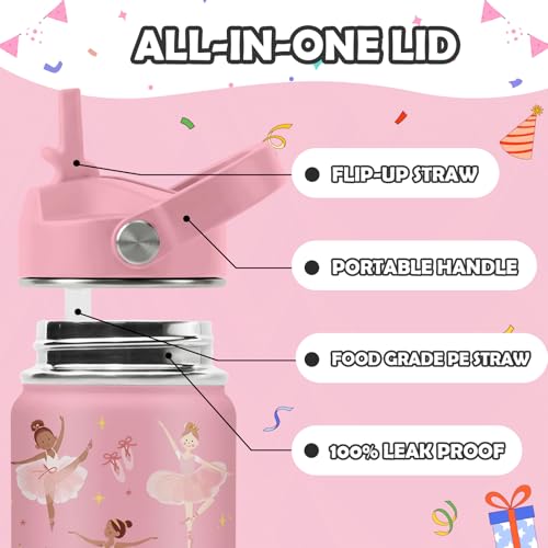 ROVOZAR Ballet Water Bottle for Girls - 16oz Dance Stainless Steel Water Bottle with Straw - Cute Dancer Insulated Cup - Pink Ballerina Kids Tumbler for School, Sports, Travel - Image 5