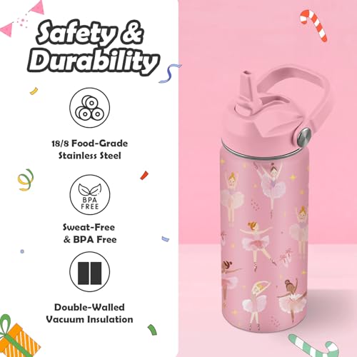 ROVOZAR Ballet Water Bottle for Girls - 16oz Dance Stainless Steel Water Bottle with Straw - Cute Dancer Insulated Cup - Pink Ballerina Kids Tumbler for School, Sports, Travel - Image 4