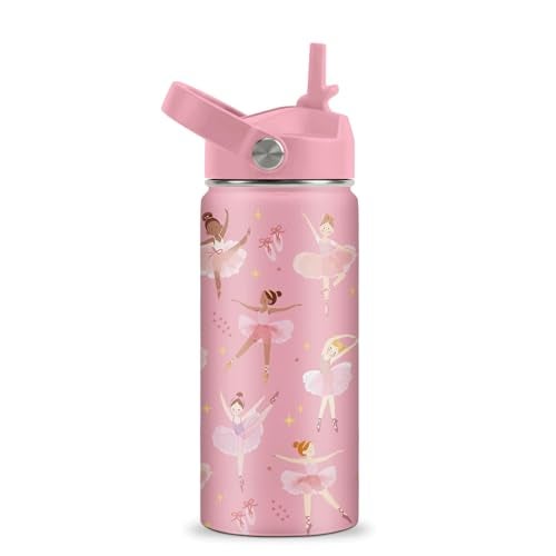 ROVOZAR Ballet Water Bottle for Girls - 16oz Dance Stainless Steel Water Bottle with Straw - Cute Dancer Insulated Cup - Pink Ballerina Kids Tumbler for School, Sports, Travel - Image 1