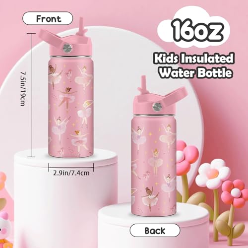 ROVOZAR Ballet Water Bottle for Girls - 16oz Dance Stainless Steel Water Bottle with Straw - Cute Dancer Insulated Cup - Pink Ballerina Kids Tumbler for School, Sports, Travel - Image 3