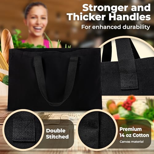 BasicList Extra Large Canvas Tote Bag - Big Largest Reusable Grocery,Black Pocket - Image 4