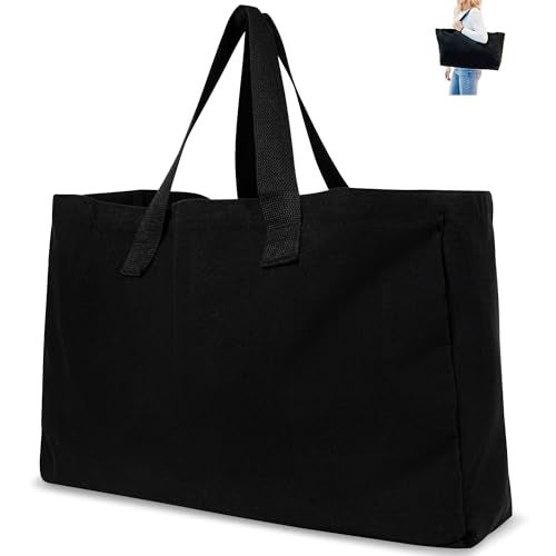 BasicList Extra Large Canvas Tote Bag - Big Largest Reusable Grocery,Black Pocket - Image 1