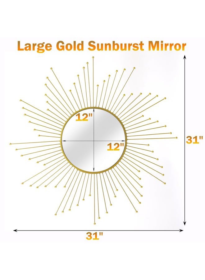 Mocome Large Gold Sunburst Mirror - 31" Starburst Wall Mirror with 12" Round Glass, Mid-Century Modern Elegant Gold Sun Mirrors for Living Room, Bedroom, Entryway Decor - Image 3