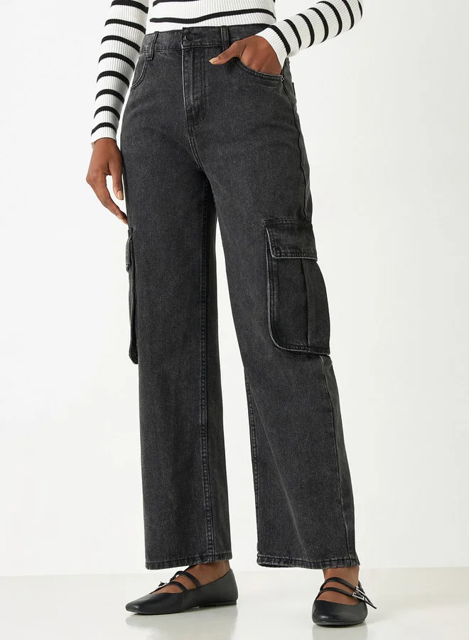 2Xtremz 2Xtremz Solid Wide Leg Cargo Jeans with Pockets