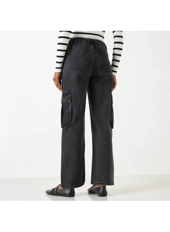 2Xtremz 2Xtremz Solid Wide Leg Cargo Jeans with Pockets