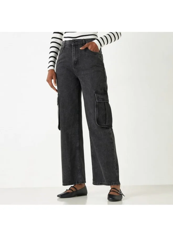 2Xtremz 2Xtremz Solid Wide Leg Cargo Jeans with Pockets