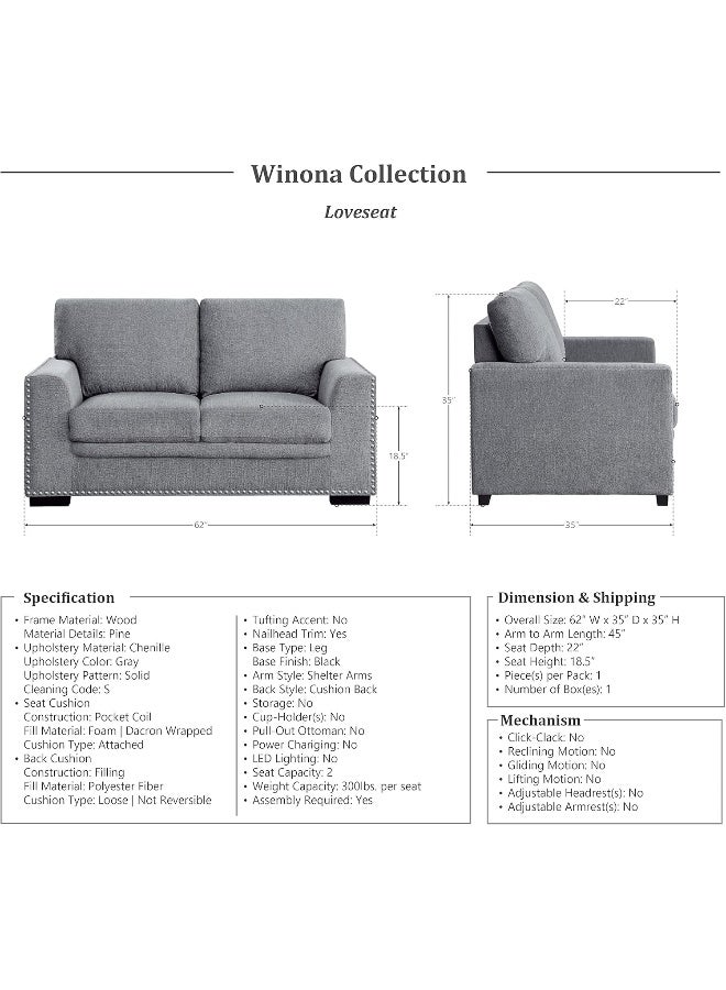 Lexicon Living Room Furniture Set, Modern Couches for Living Room, Chenille Upholstered Couch Set, Including Sofa, Loveseat with Solid Wood Frame, 2-Piece Set, Gray - Image 2