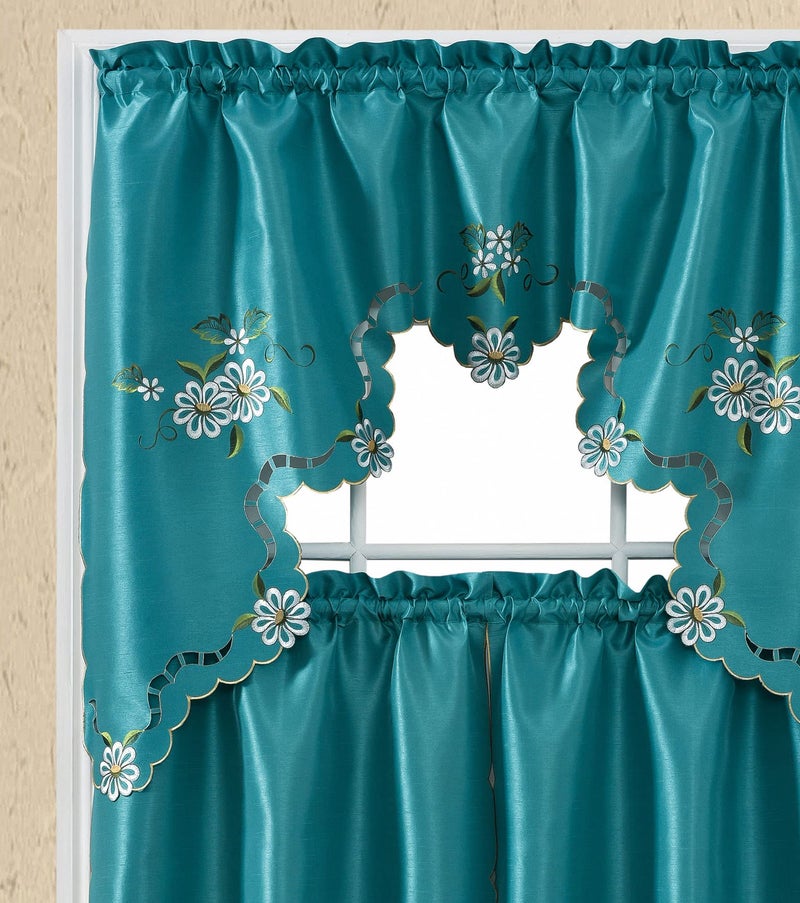 GOHD Golden Ocean Home Decor GOHD Cutwork Floral Kitchen Curtain Set Swag Valance and Tier Set Nice Embroidery on Faux Silk Fabric with cutworks Turquoise