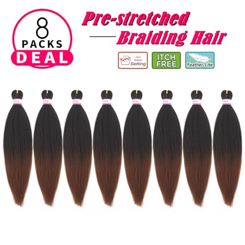 Dorsanee Pre-Stretched Braiding Hair Extensions-16 Inch 8 Packs Synthetic Braiding Hair Crochet Braids, Natural Easy Braid Crochet Hair, Hot Water Setting Professional Soft Yaki Straight Texture (#1B/30) - Image 2