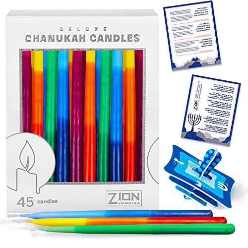 Zion Judaica Ltd Zion Judaica Coloful Dripless Hanukkah Candles Set of 45 Standard Size Chanuka Candles 55 Exciting Menorah Candle Bundles TriColor Decorative Tapered Quality Chanukah Candle Set