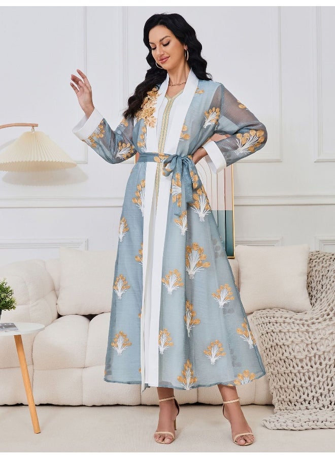 Madam Uniq - Light Blue Muslim Long Sleeve Embroidered Two-Piece Maxi Dress Set - Image 1