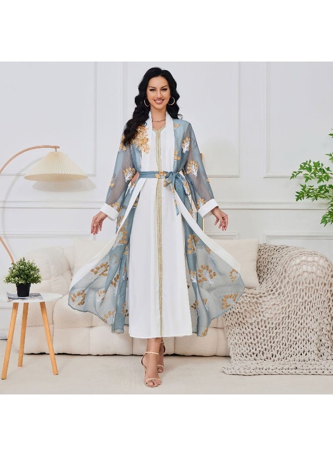 Madam Uniq - Light Blue Muslim Long Sleeve Embroidered Two-Piece Maxi Dress Set - Image 1