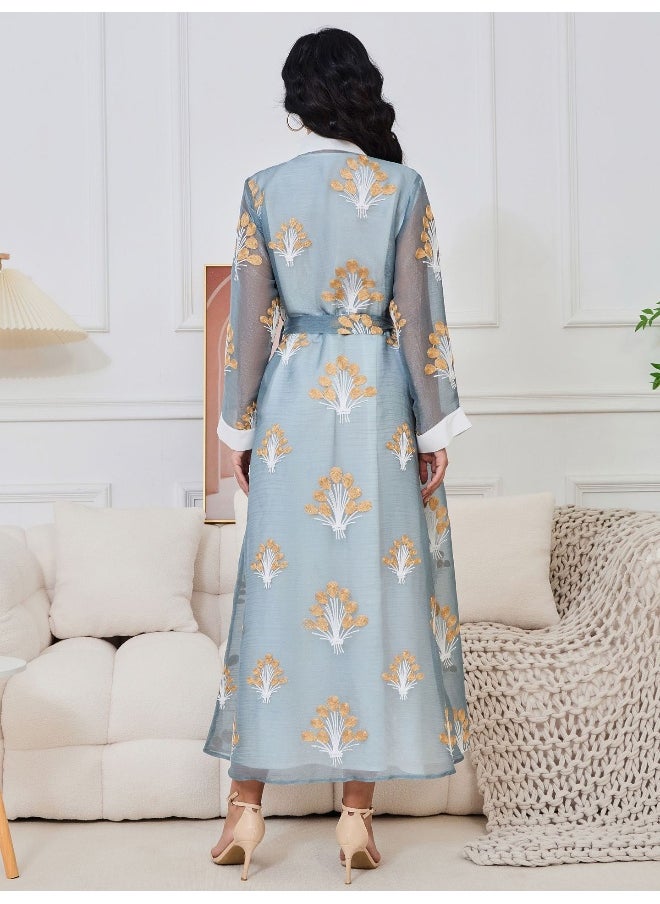 Madam Uniq - Light Blue Muslim Long Sleeve Embroidered Two-Piece Maxi Dress Set - Image 1