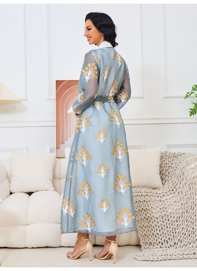 Madam Uniq - Light Blue Muslim Long Sleeve Embroidered Two-Piece Maxi Dress Set - Image 1
