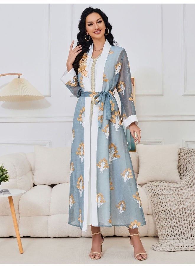 Madam Uniq - Light Blue Muslim Long Sleeve Embroidered Two-Piece Maxi Dress Set - Image 1