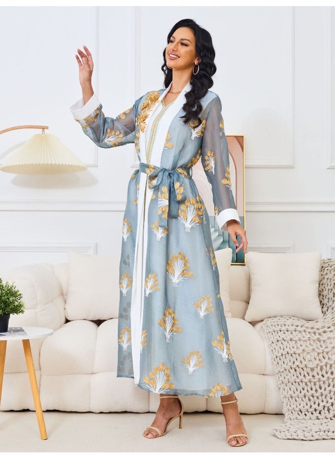 Madam Uniq - Light Blue Muslim Long Sleeve Embroidered Two-Piece Maxi Dress Set - Image 1