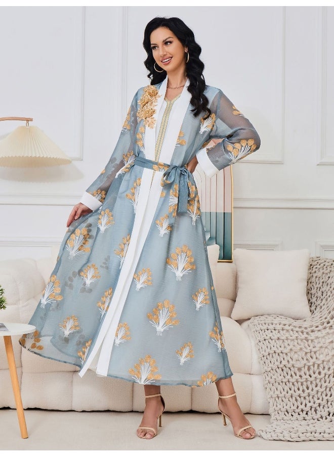 Madam Uniq - Light Blue Muslim Long Sleeve Embroidered Two-Piece Maxi Dress Set - Image 1