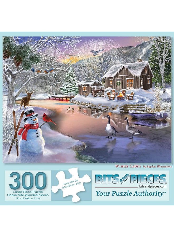 Bits and Pieces 300 Piece Jigsaw Puzzle For Adults 18" X 24" Winter Cabin 300 Pc Snow Forest River Mountain Snowman Nature Jigsaw By Artist Bigelow Illustrations - Image 1