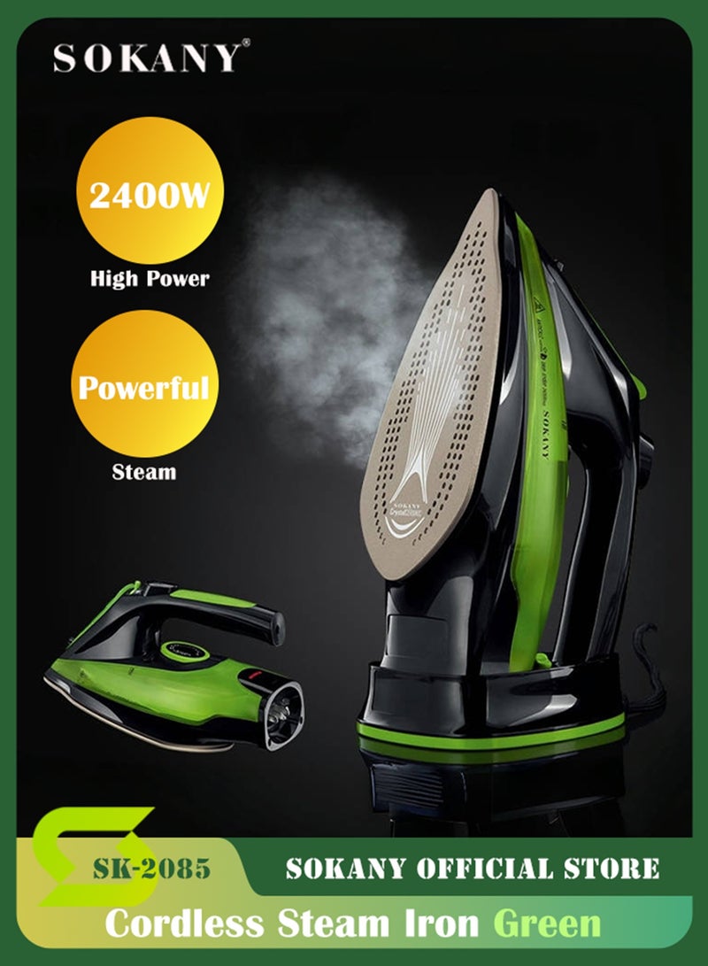 سوكاني مكواة بخار لاسلكية بقدرة 2400 واط، مكواة بخار لاسلكية، مكواة بخار لاسلكية بخارية لاسلكية بخارية بسعة 370 مل، مكواة بخار لاسلكية مع قاعدة قاعدة، قاعدة من السيراميك، مكواة بخار مزيلة للملابس للمكواة المنزلية والسفر، SK-2085 (أخضر) - Image 1