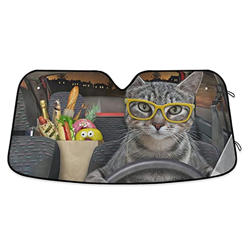 xigua Funny Driver Cat Car Windshield Sunshade Reflective Blocks Sun Visor Protector Foldable Front Windshield Sun Shade for Car Truck SUV, 55 x 27.6 Inch - Image 1