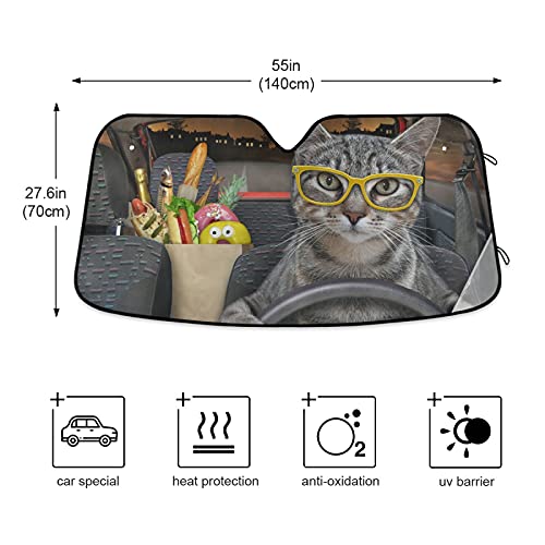xigua Funny Driver Cat Car Windshield Sunshade Reflective Blocks Sun Visor Protector Foldable Front Windshield Sun Shade for Car Truck SUV, 55 x 27.6 Inch - Image 5