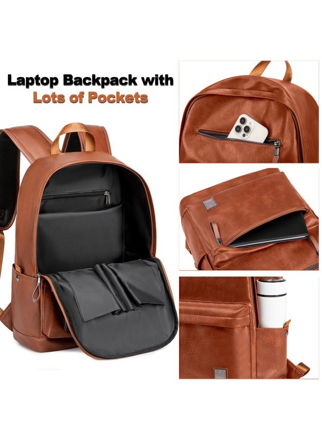 weiatas Leather Laptop Backpack for Men Women College Bookbag Computer Rucksack for Work Travel, Fits 15.6 Inch Laptop (Brown) - Image 3