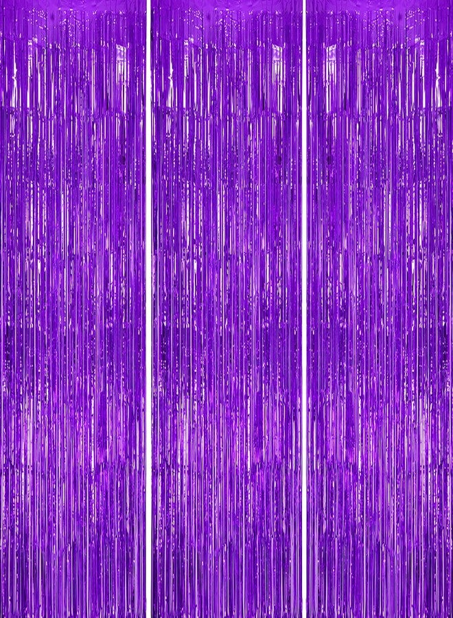 مجموعة ديكوكرات من 3 قطع من خلفيات الشراشيب المعدنية - ستائر لامعة بنفسجية لتزيين الحفلات / دعائم كشك الصور - خلفية معدنية بمقاس 3.3 × 8.2 قدم لأعياد الميلاد وحفلات الزفاف والتخرج وعيد الميلاد. - Image 1