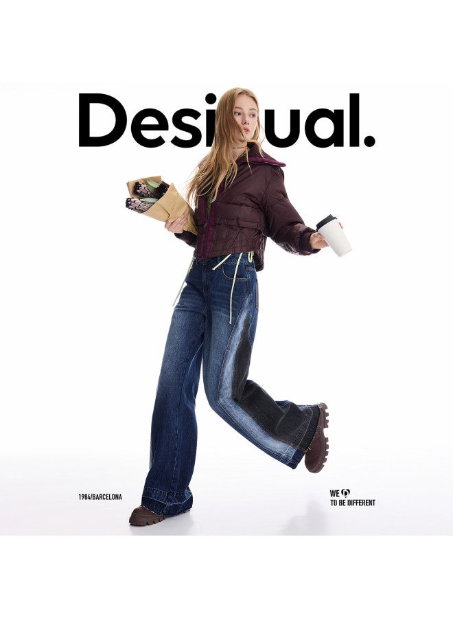 DESIGUAL [Spanish Fashion Luxury] 25 Autumn Winter New Waist-Tie Knit Paneled Turn-Down Collar Cotton Coat Women'S Outerwear - Image 3