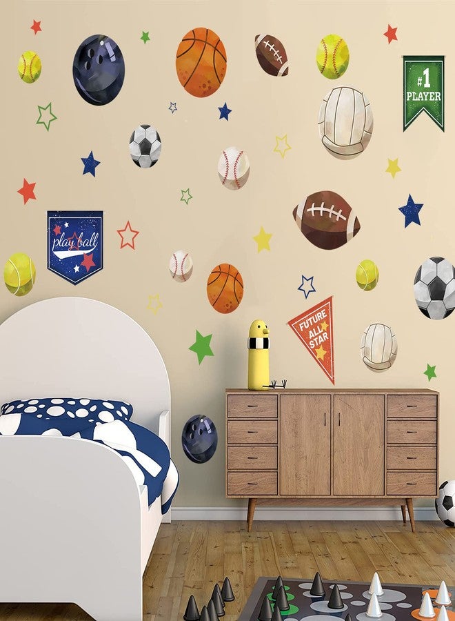 Supzone Sport Balls Stickers Boys Sports Race Flag Decals Colorful Basketball Soccer Baseball Stars DIY Vinyl Wall Art Sticker for Boys Playroom Bedroom Living Room Wall Decor - Image 1