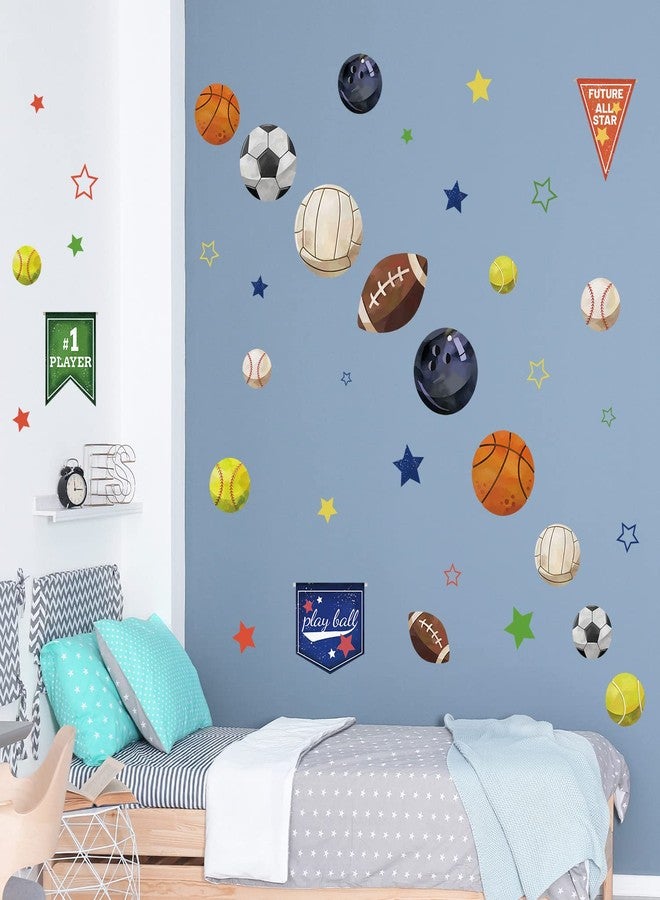 Supzone Sport Balls Stickers Boys Sports Race Flag Decals Colorful Basketball Soccer Baseball Stars DIY Vinyl Wall Art Sticker for Boys Playroom Bedroom Living Room Wall Decor - Image 5