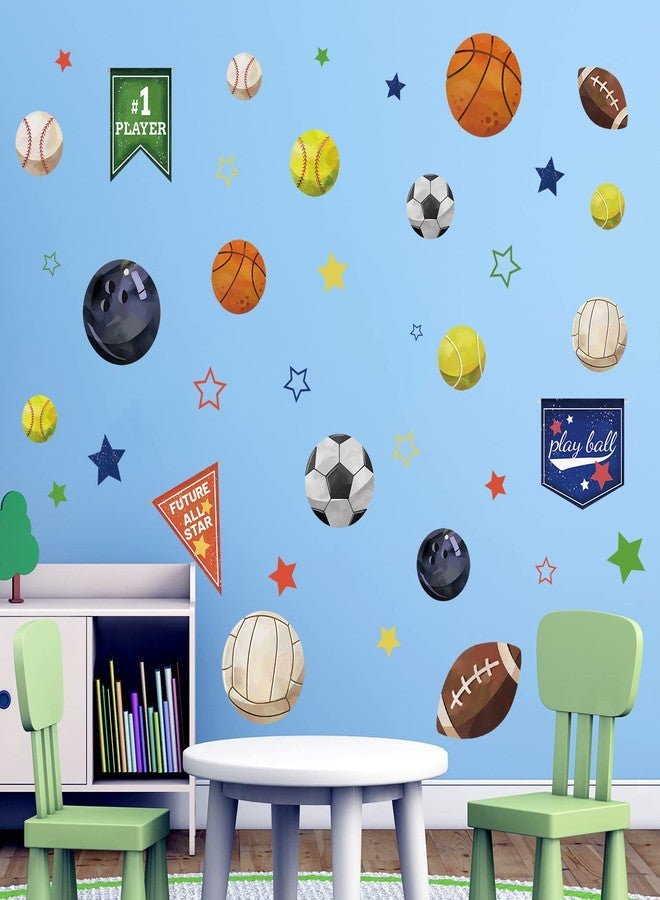 Supzone Sport Balls Stickers Boys Sports Race Flag Decals Colorful Basketball Soccer Baseball Stars DIY Vinyl Wall Art Sticker for Boys Playroom Bedroom Living Room Wall Decor - Image 2
