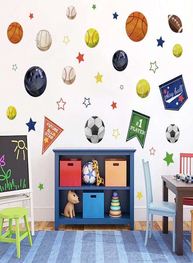 Supzone Sport Balls Stickers Boys Sports Race Flag Decals Colorful Basketball Soccer Baseball Stars DIY Vinyl Wall Art Sticker for Boys Playroom Bedroom Living Room Wall Decor - Image 3