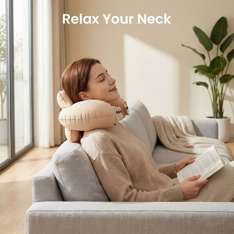 1pc Press Type Inflatable Neck Pillow Apricot Portable Travel Airplane Pillow For Napping - Image 1
