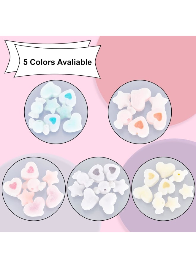 40 Pcs Flocky Acrylic Beads, 5 Colors Heart Star Candy Shaped Beads Soft Acrylic Beads Flocky Pom Ball Loose Spacer Beads for Hair Ornament Decoration Craft Jewelry Making - Image 5