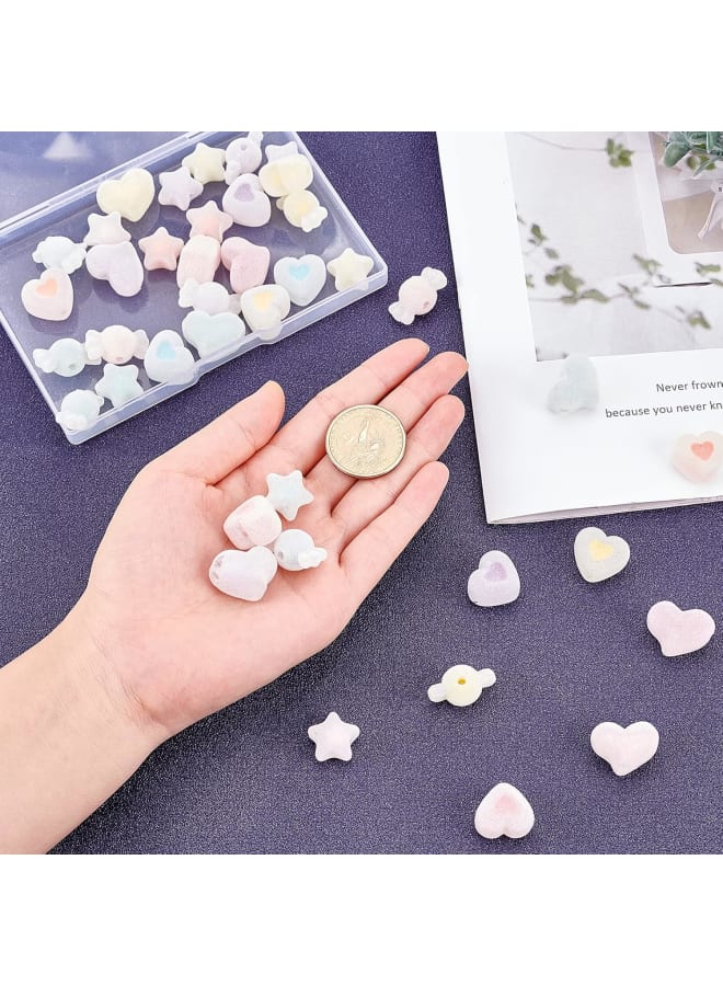 40 Pcs Flocky Acrylic Beads, 5 Colors Heart Star Candy Shaped Beads Soft Acrylic Beads Flocky Pom Ball Loose Spacer Beads for Hair Ornament Decoration Craft Jewelry Making - Image 3