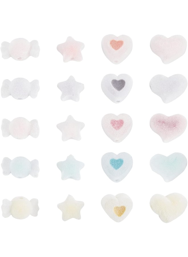 40 Pcs Flocky Acrylic Beads, 5 Colors Heart Star Candy Shaped Beads Soft Acrylic Beads Flocky Pom Ball Loose Spacer Beads for Hair Ornament Decoration Craft Jewelry Making - Image 1