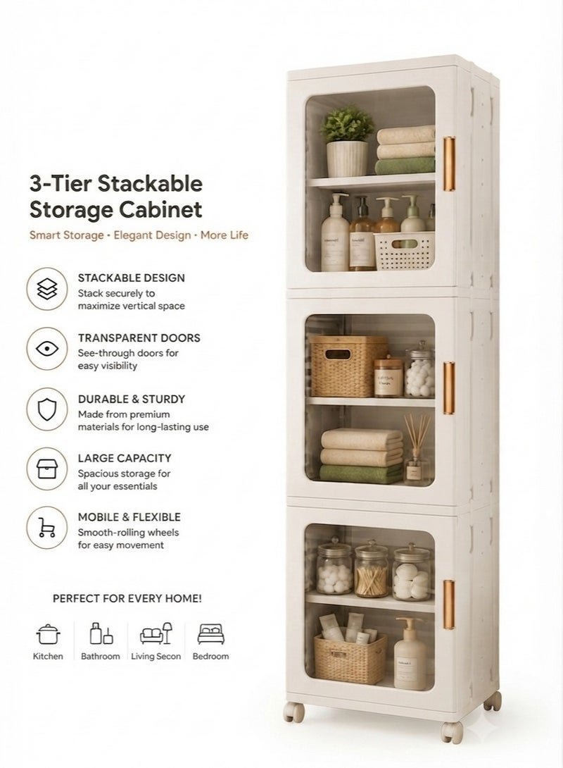 Khorshed Plast 3 Tier Stackable Storage Cabinet with Transparent Doors and Wheels - Image 3