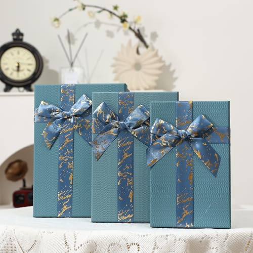 HOME ELEMENTS 3 Pcs Set of Luxury Gift Box Set With Bow, Bridesmaid Box, Decorative Present Boxes for Diwali Christmas Wedding Birthdays Special Occasions Gift Hampers (Blue) - Image 1