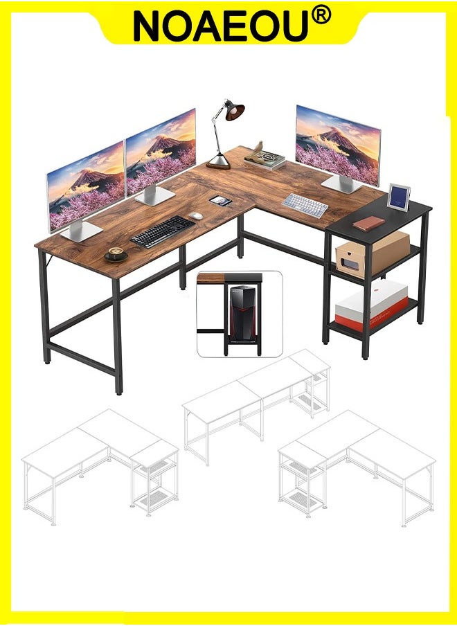 NOAEOU - 150x120x75cm L-Shaped Gaming Desk, Home Office Computer Desk with Storage Shelf, Study Writing Table, Black Metal Frame and Brown Desktop - Image 1
