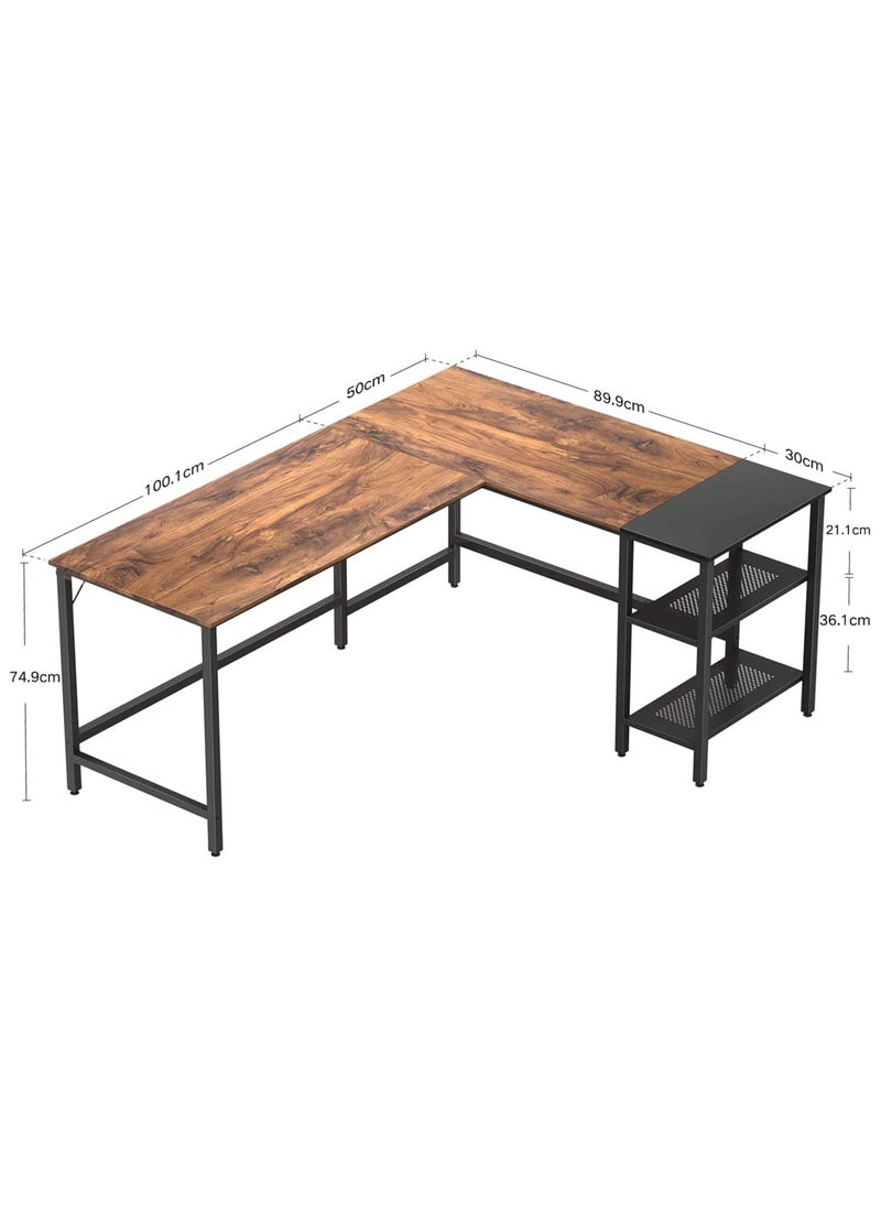 NOAEOU - 150x120x75cm L-Shaped Gaming Desk, Home Office Computer Desk with Storage Shelf, Study Writing Table, Black Metal Frame and Brown Desktop - Image 1