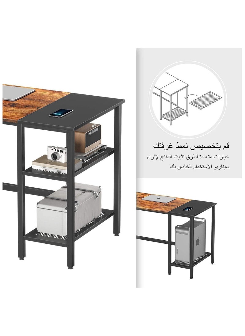 NOAEOU - 150x120x75cm L-Shaped Gaming Desk, Home Office Computer Desk with Storage Shelf, Study Writing Table, Black Metal Frame and Brown Desktop - Image 1