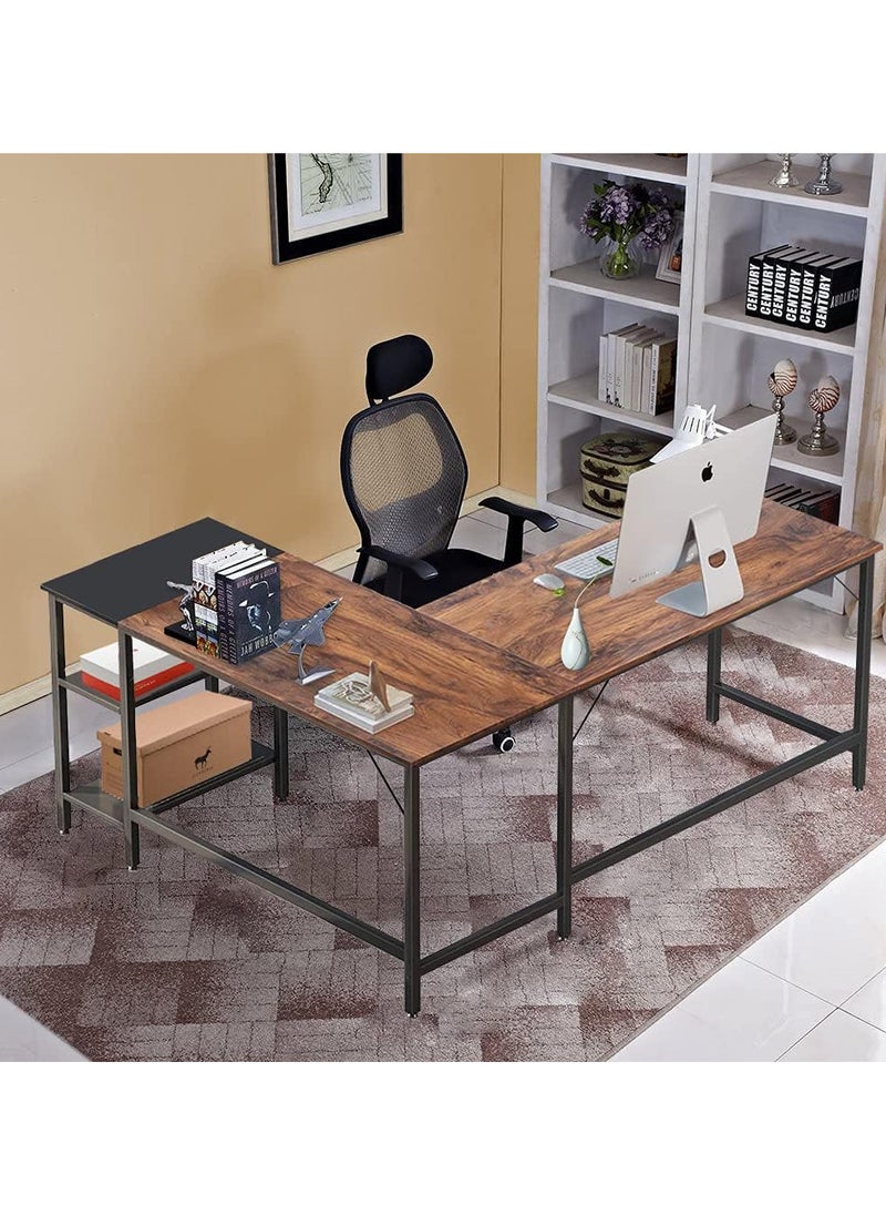 NOAEOU - 150x120x75cm L-Shaped Gaming Desk, Home Office Computer Desk with Storage Shelf, Study Writing Table, Black Metal Frame and Brown Desktop - Image 1