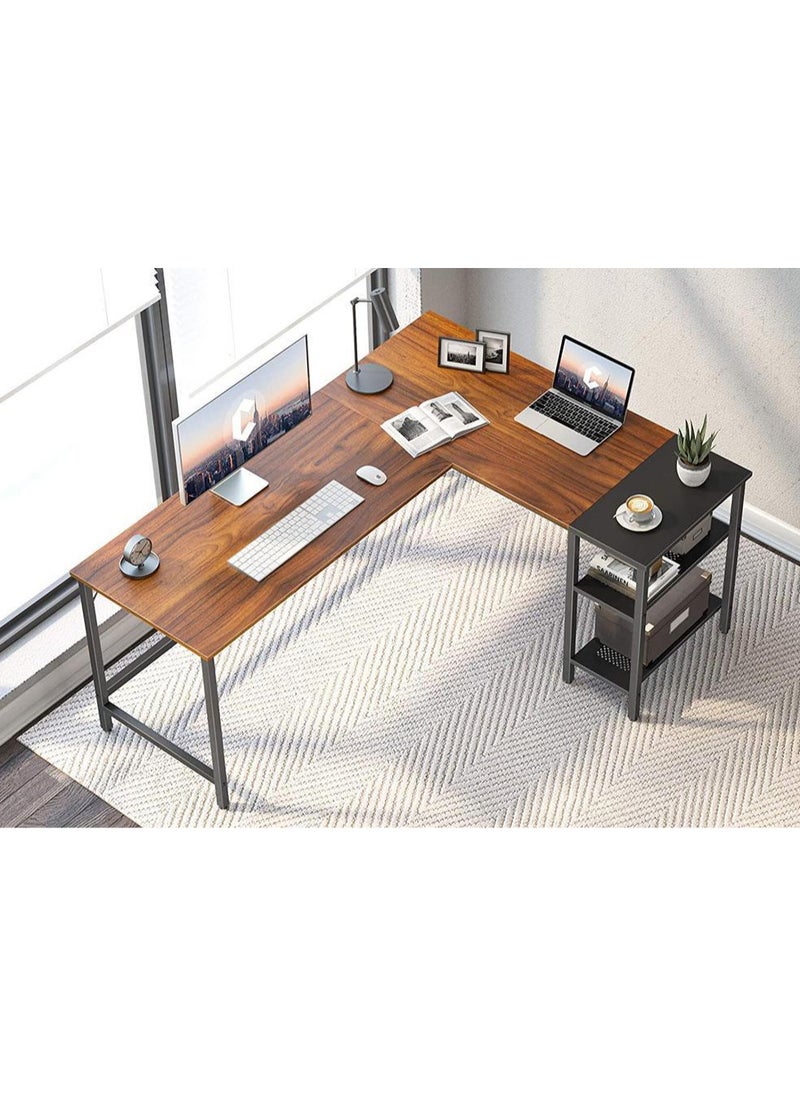 NOAEOU - 150x120x75cm L-Shaped Gaming Desk, Home Office Computer Desk with Storage Shelf, Study Writing Table, Black Metal Frame and Brown Desktop - Image 1