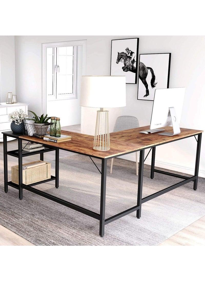 NOAEOU - 150x120x75cm L-Shaped Gaming Desk, Home Office Computer Desk with Storage Shelf, Study Writing Table, Black Metal Frame and Brown Desktop - Image 1