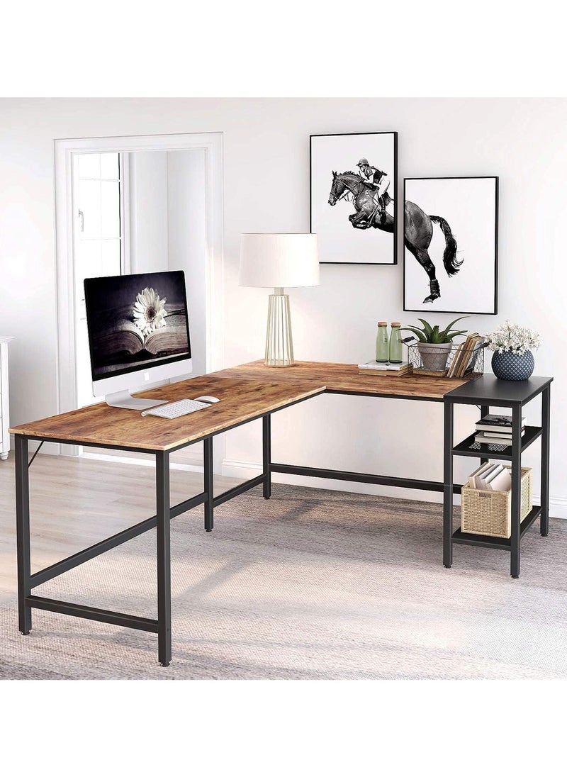 NOAEOU - 150x120x75cm L-Shaped Gaming Desk, Home Office Computer Desk with Storage Shelf, Study Writing Table, Black Metal Frame and Brown Desktop - Image 1