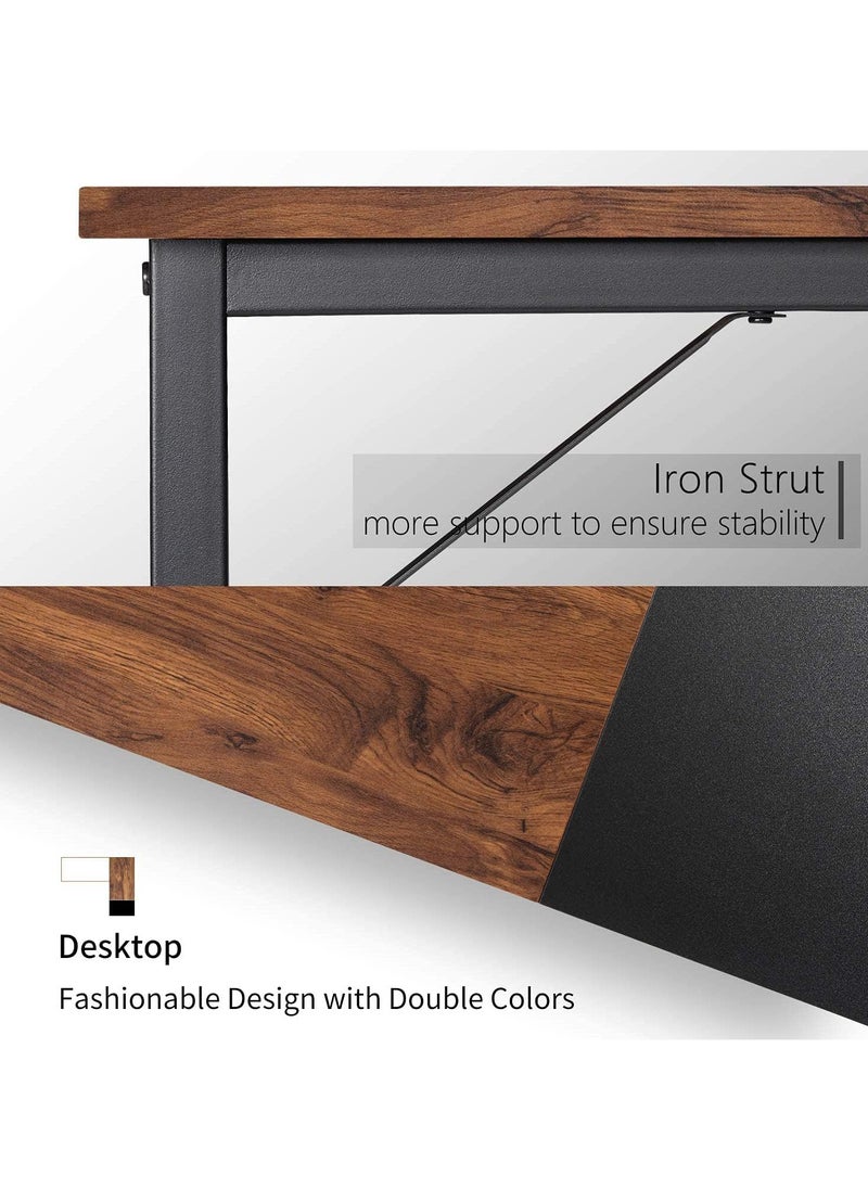 NOAEOU - 150x120x75cm L-Shaped Gaming Desk, Home Office Computer Desk with Storage Shelf, Study Writing Table, Black Metal Frame and Brown Desktop - Image 1